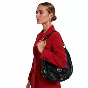 Michael Kors Black Leather Hobo Shoulder Bag – Women’s Medium Purse with Gold Ha
